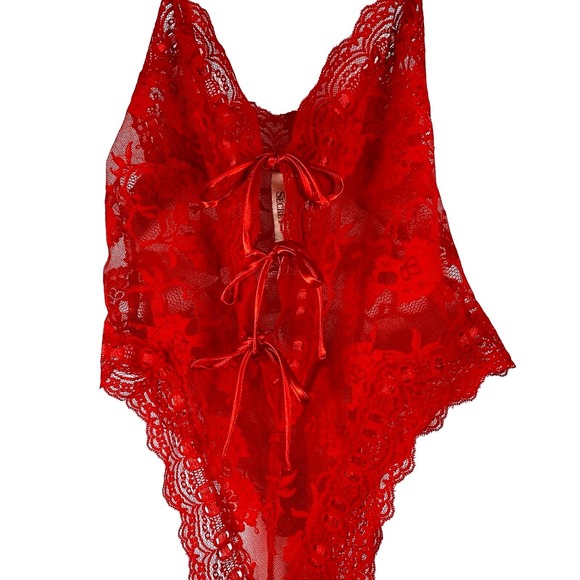 Vtg Victoria's Secret 90s Large Lace High Cut Thong Bodysuit Teddy Red Lingerie - Picture 1 of 10